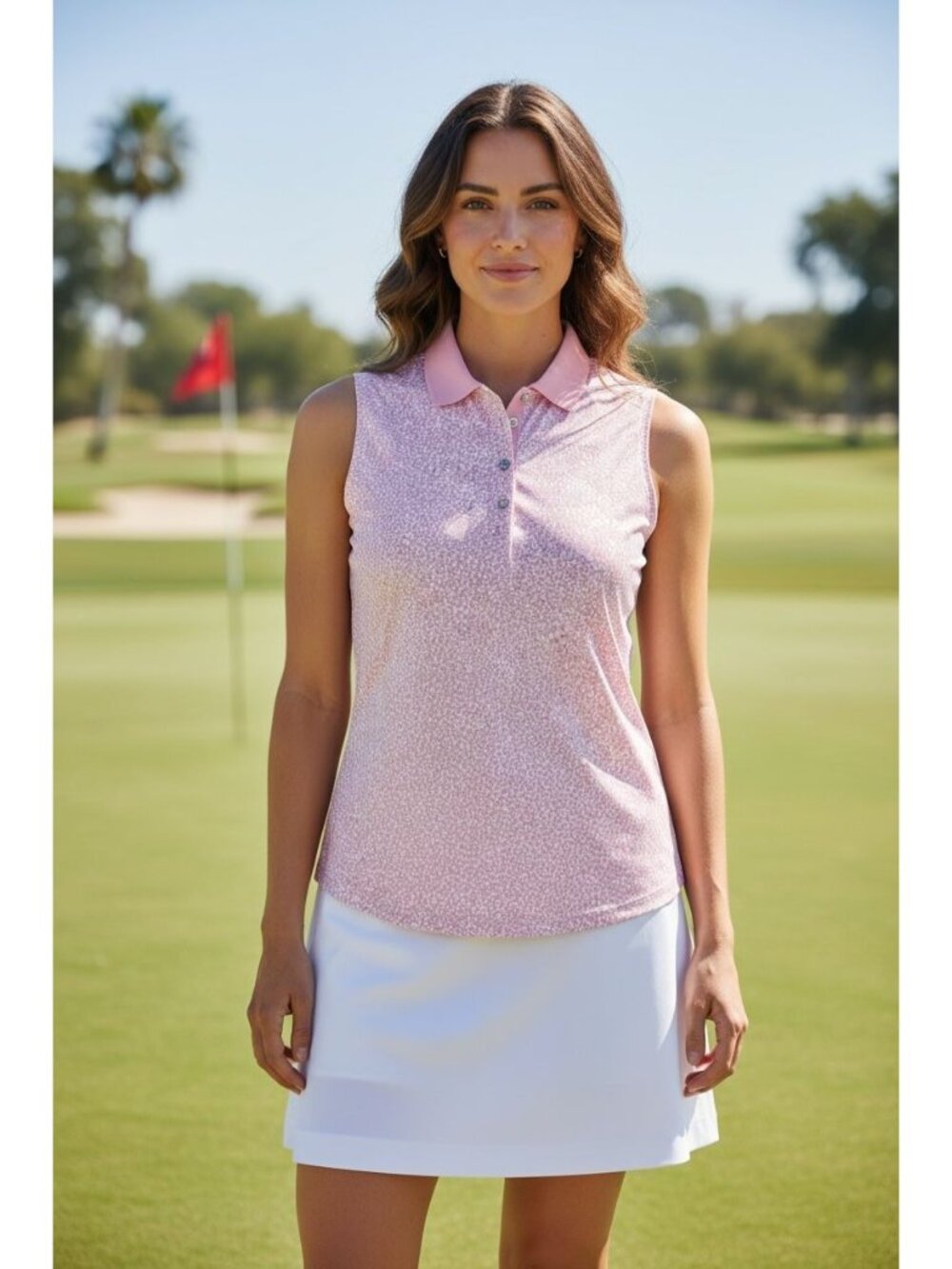 Greg Norman Womens Small Play Dry Pink Leaf Print Sleeveless Golf Polo Shirt NEW
